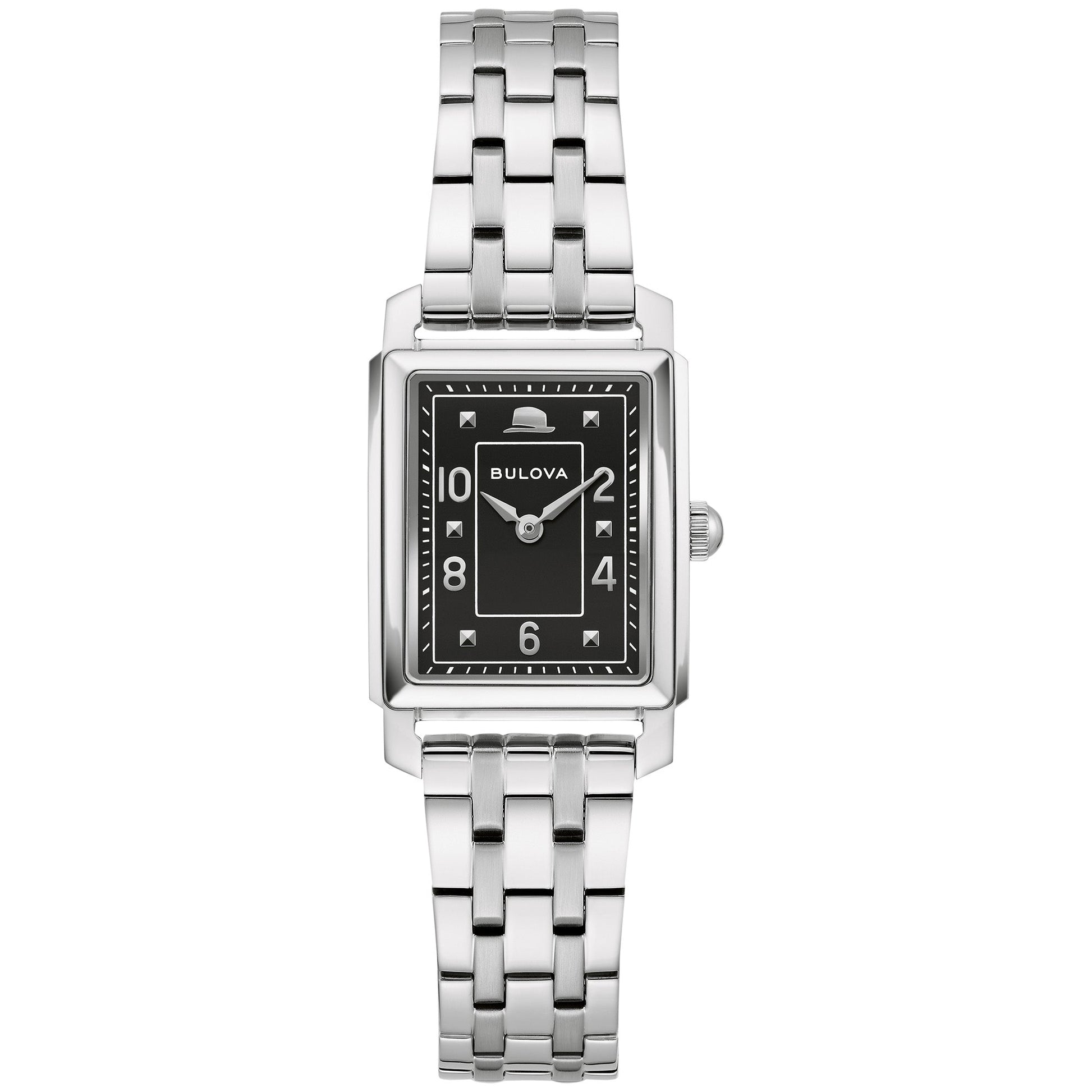 Bulova Frank Sinatra “The Very Thought of You” Women’s Watch (Model 96L341) featuring a 21mm silver-tone stainless steel case, black dial with Sinatra’s signature fedora at 12 o’clock, and date display.