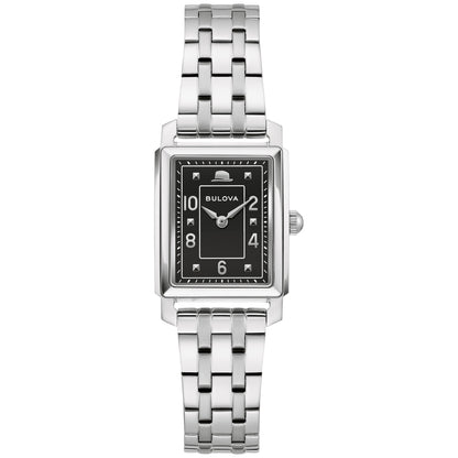 Bulova Frank Sinatra “The Very Thought of You” Women’s Watch (Model 96L341) featuring a 21mm silver-tone stainless steel case, black dial with Sinatra’s signature fedora at 12 o’clock, and date display.