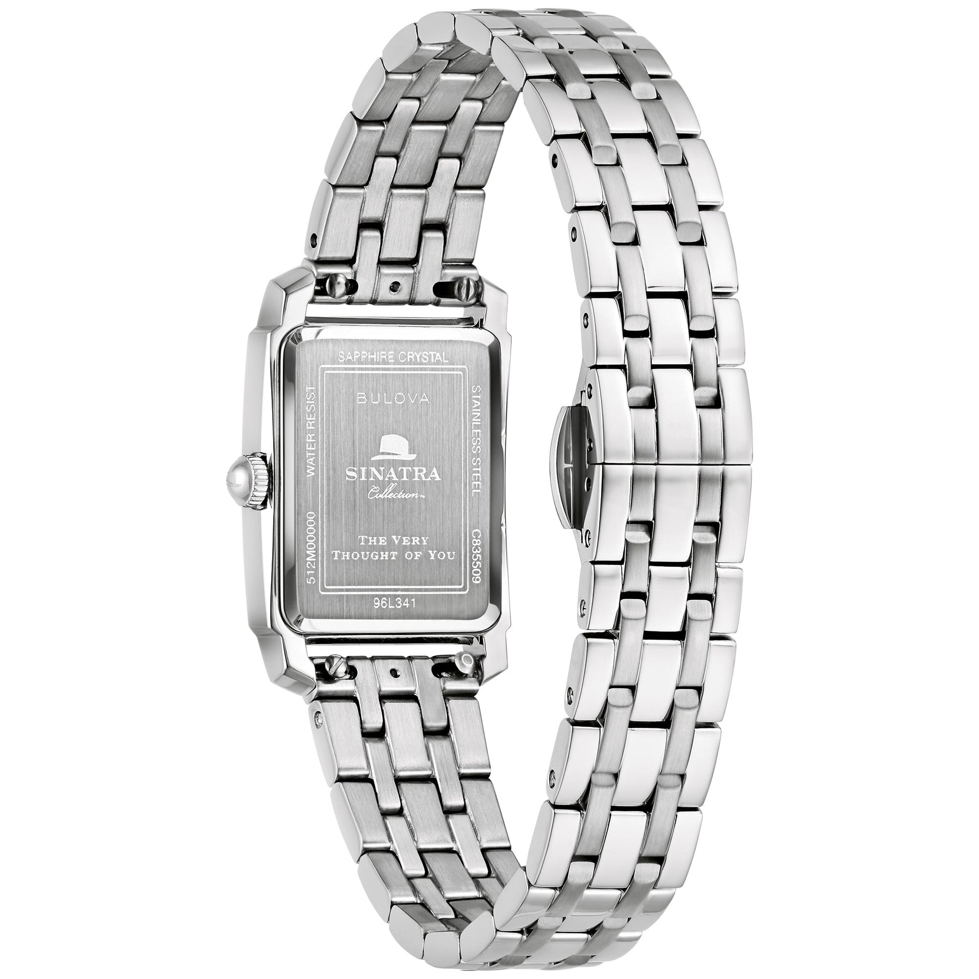 Case back of the Bulova 96L341 engraved with the Sinatra logo and “The Very Thought of You