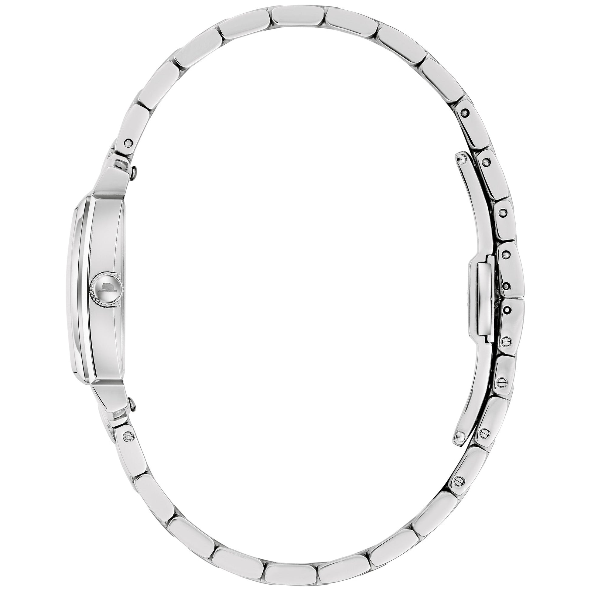 Side profile of the Bulova 96L341 showcasing the curved sapphire crystal and slim stainless steel case.