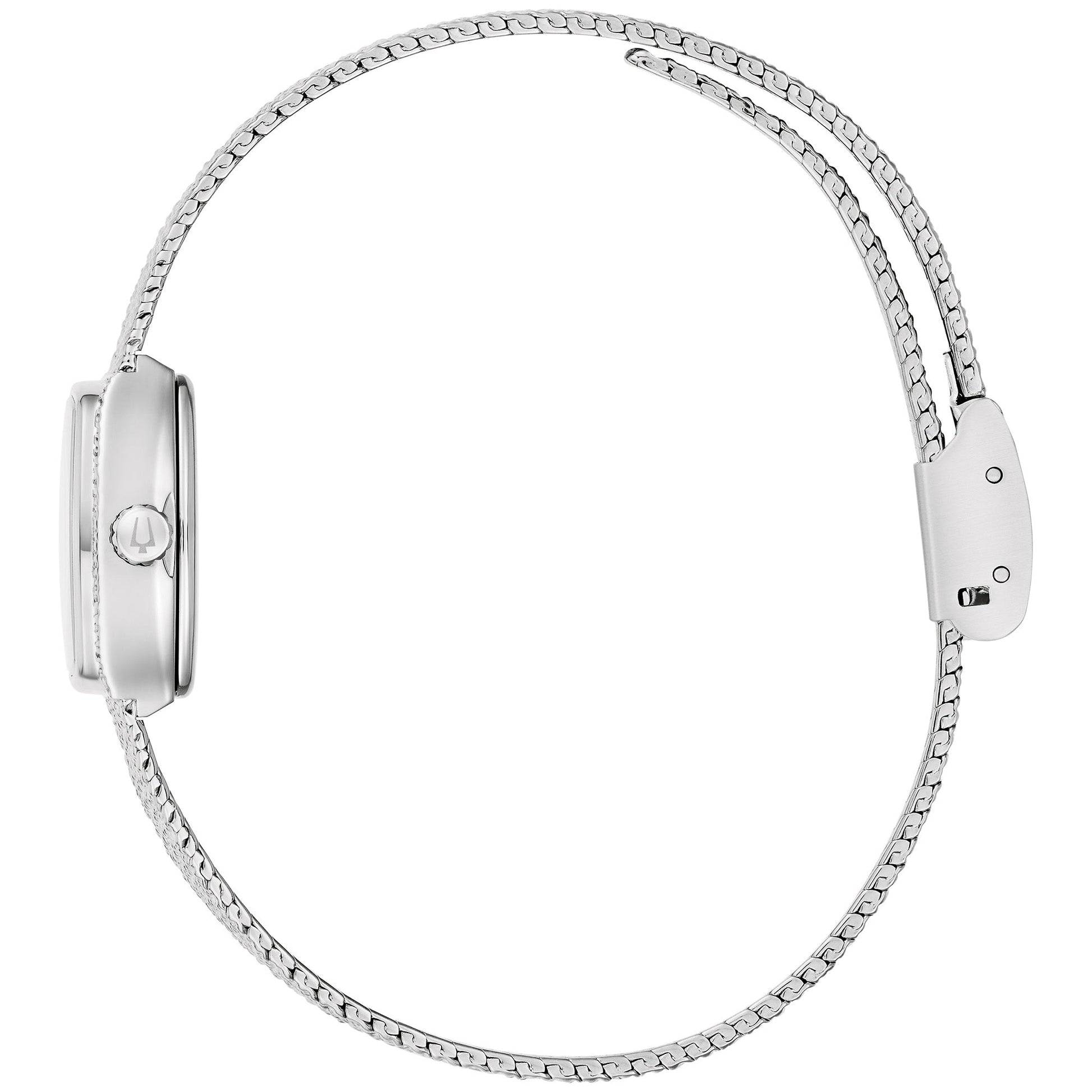 Side profile of the Bulova 96L343 highlighting the slim 17 mm case profile and textured mesh bracelet.