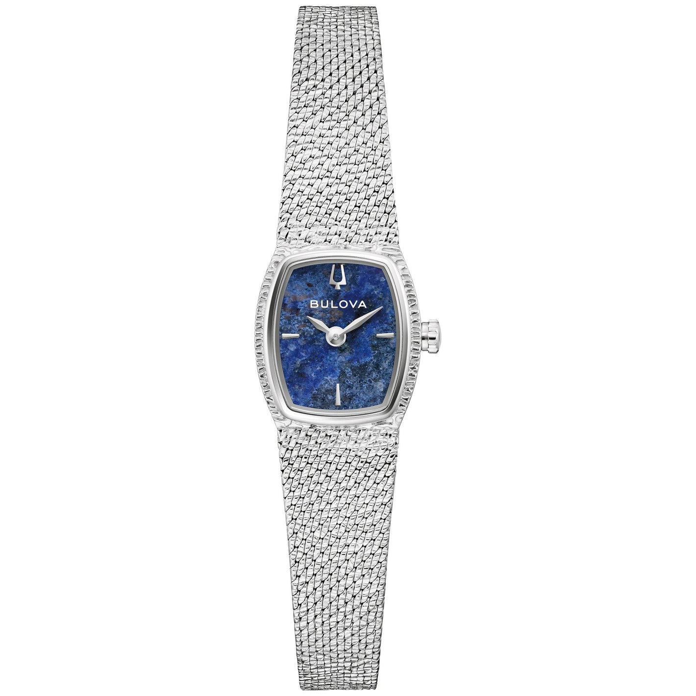 Bulova 96L343 front view showcasing the polished silver-tone tonneau case, unique blue sodalite dial, and matching silver-tone applied markers.