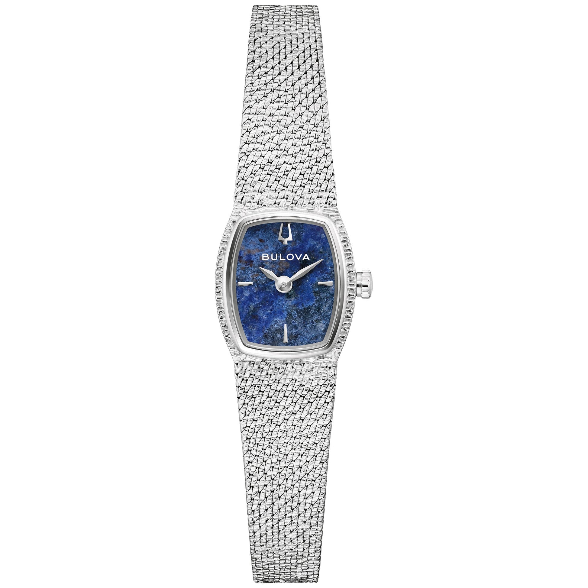 Bulova 96L343 front view showcasing the polished silver-tone tonneau case, unique blue sodalite dial, and matching silver-tone applied markers.