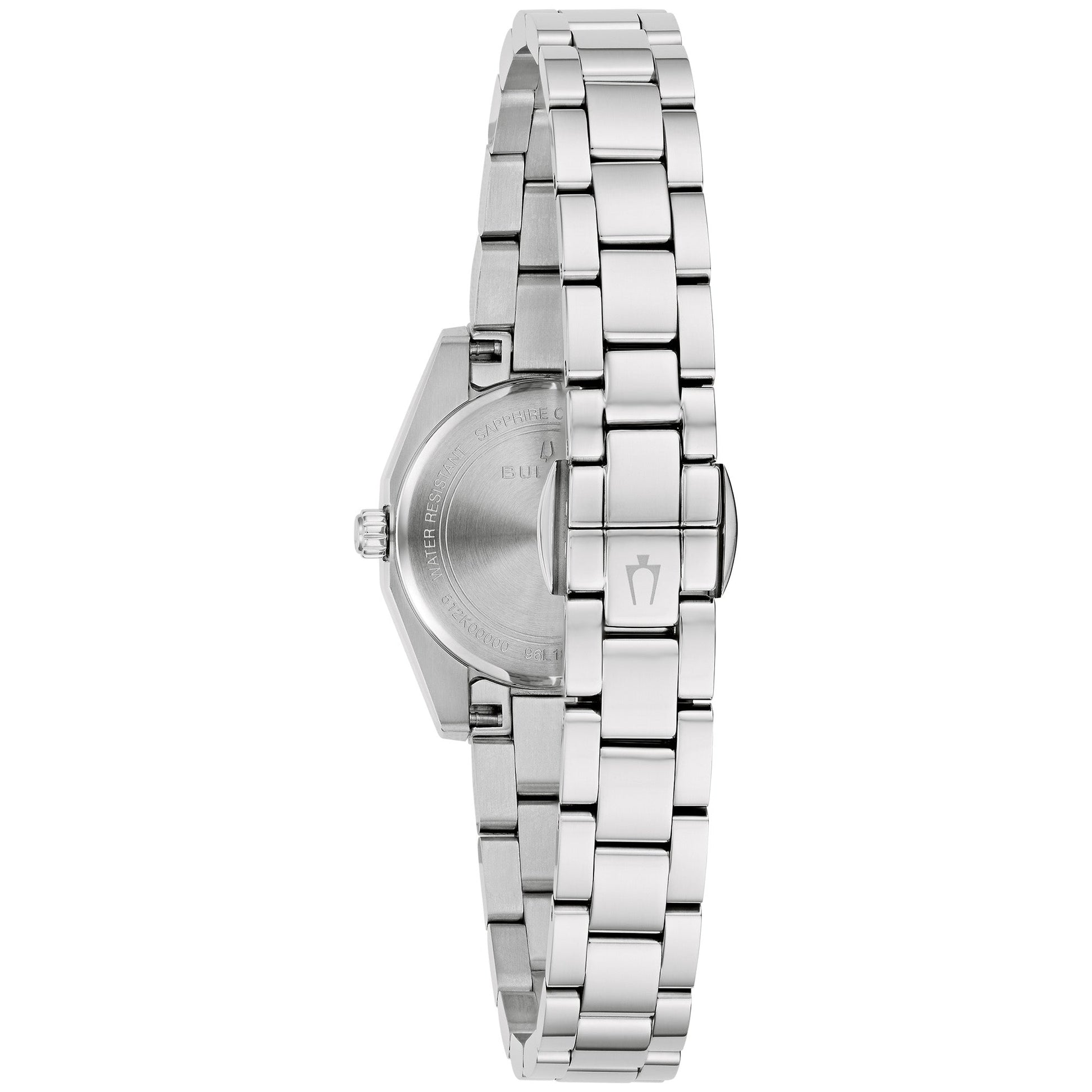 Back view of Bulova 96L345 showing polished case back and integrated bracelet with push-button deployant clasp.