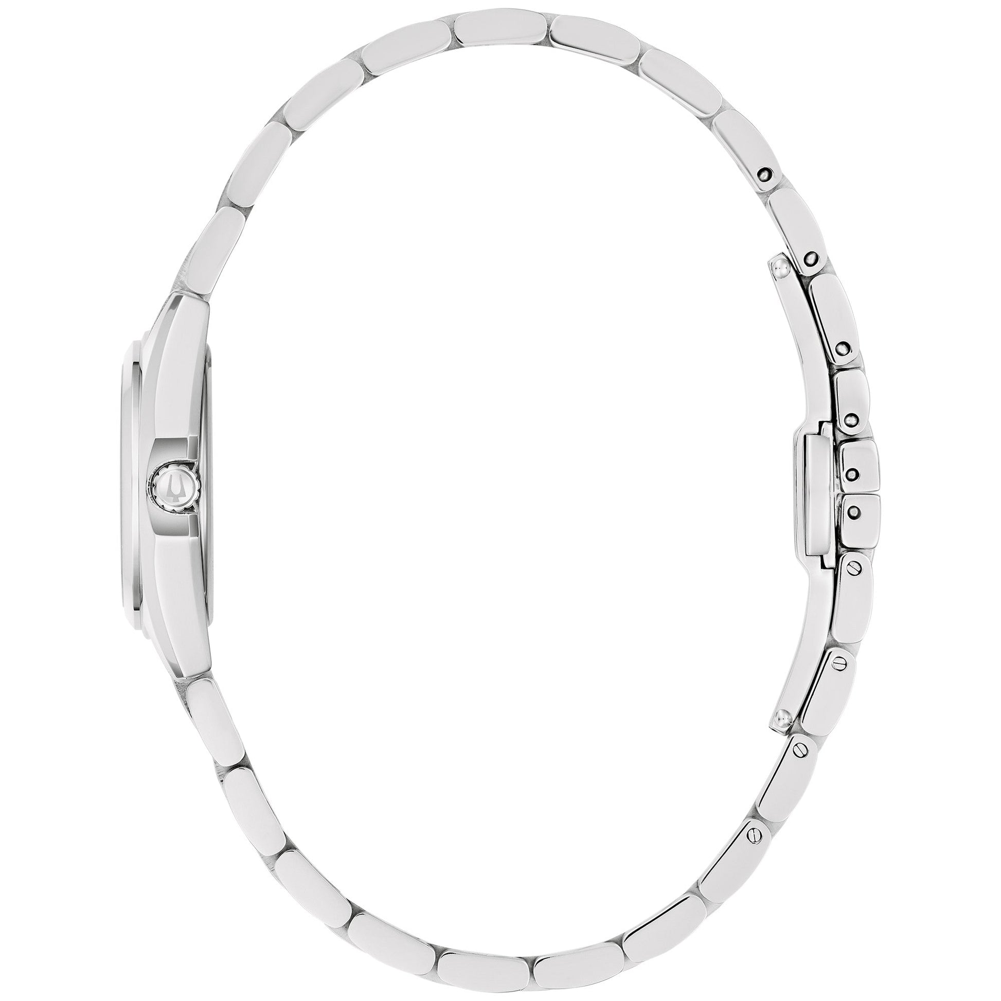 Side profile of Bulova 96L345 showing sleek 23 mm silver-tone stainless steel case and polished finish.