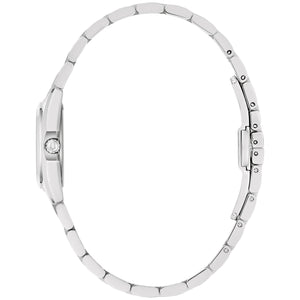 Side profile of Bulova 96L345 showing sleek 23 mm silver-tone stainless steel case and polished finish.