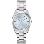 Bulova 96L345 light blue sunburst dial watch — front view of silver-tone stainless steel case and matching bracelet.