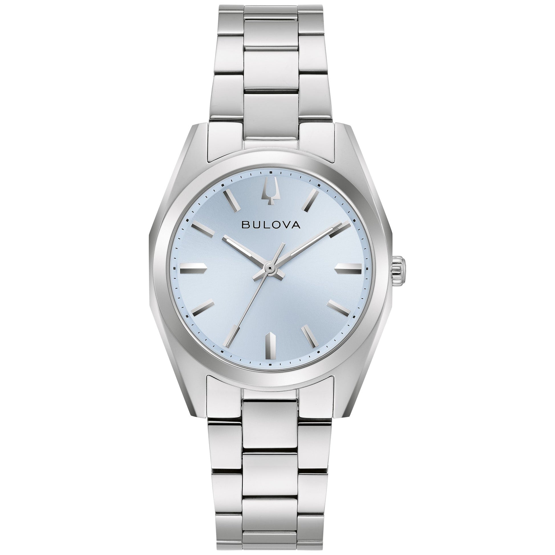 Bulova 96L345 light blue sunburst dial watch — front view of silver-tone stainless steel case and matching bracelet.