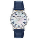 Bulova 96M146 women's watch featuring a 32mm stainless steel case, white mother-of-pearl dial with Roman numeral markers, and a dark blue leather strap—front view.