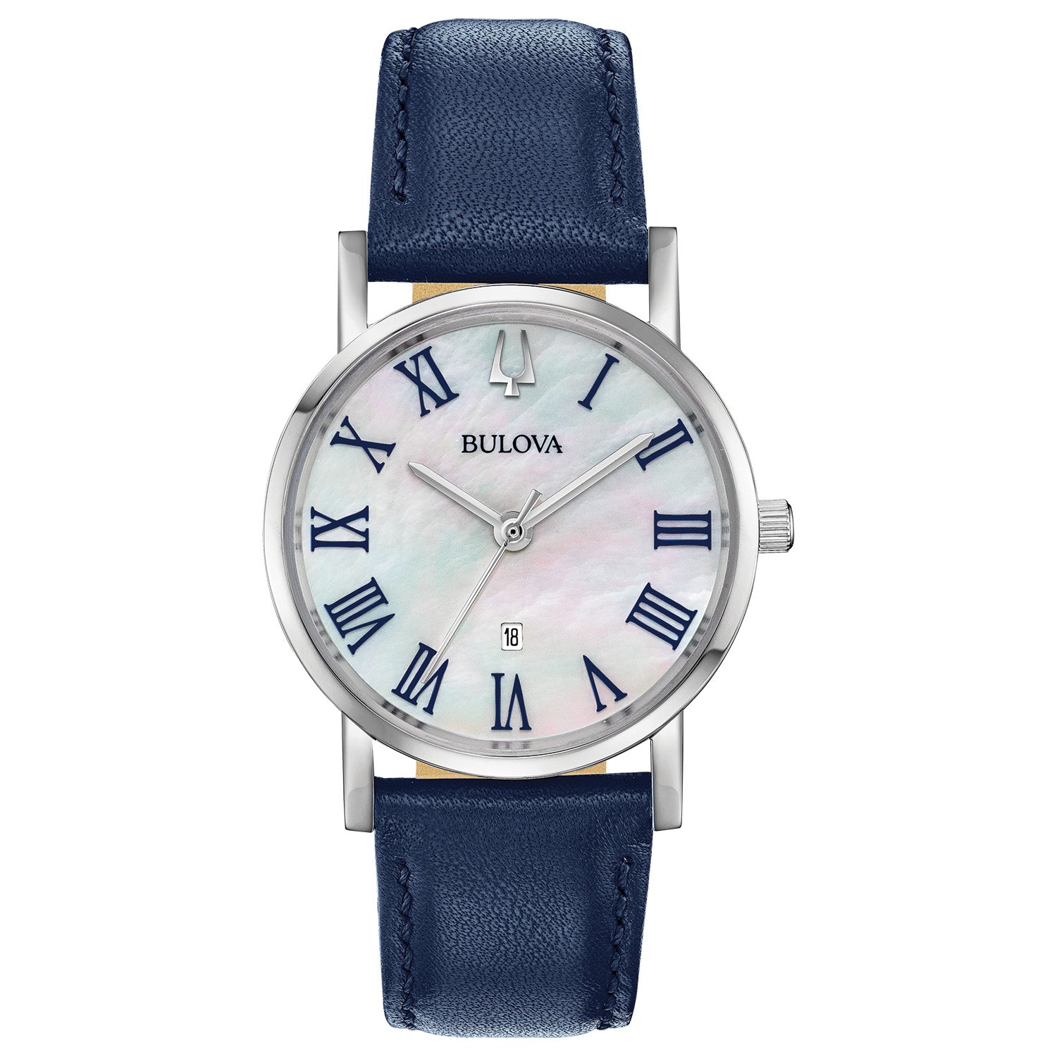 Bulova 96M146 women's watch featuring a 32mm stainless steel case, white mother-of-pearl dial with Roman numeral markers, and a dark blue leather strap—front view.