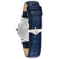 Rear view of the Bulova 96M146, showcasing the stainless steel case back and three-piece buckle closure on the leather strap.