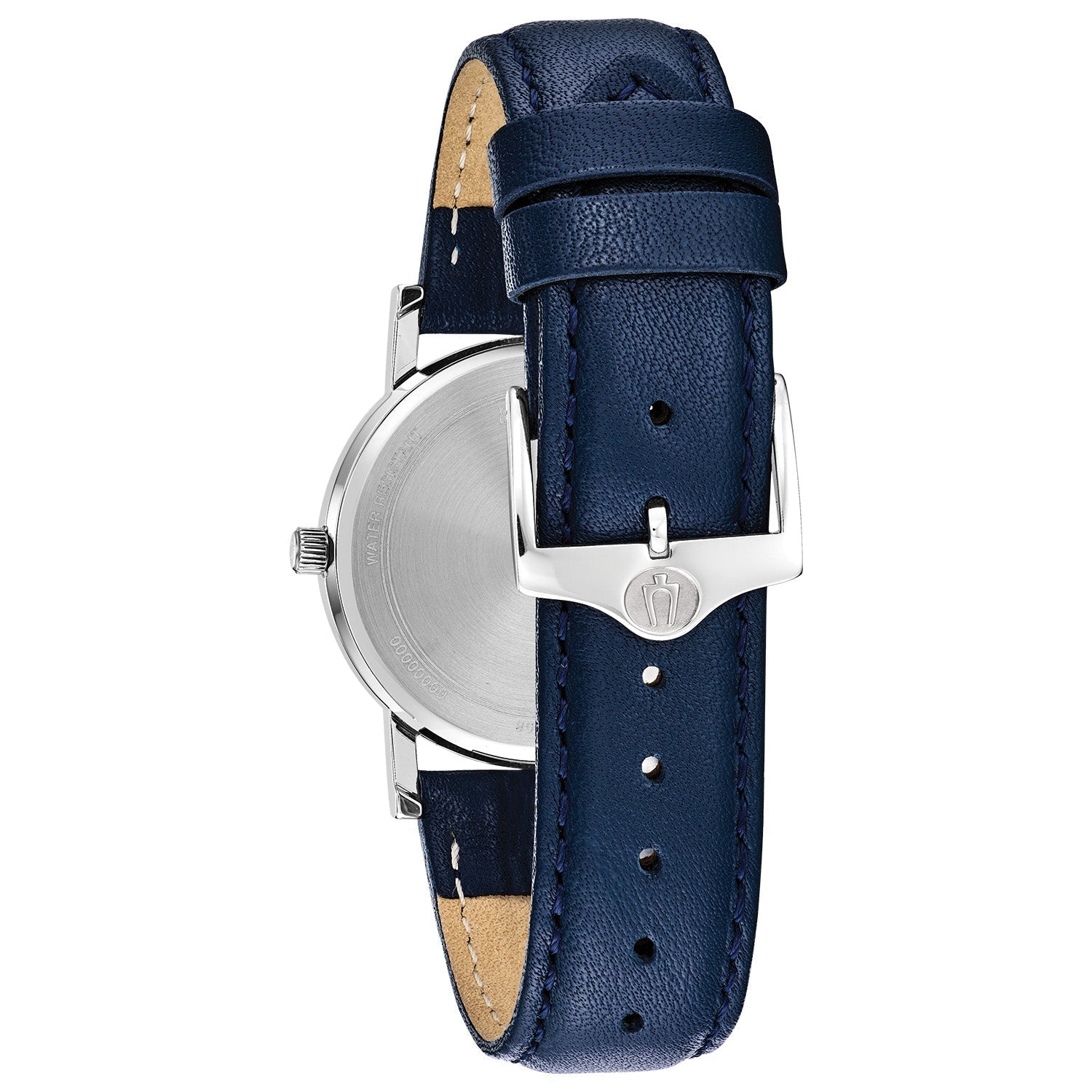 Rear view of the Bulova 96M146, showcasing the stainless steel case back and three-piece buckle closure on the leather strap.