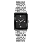 Bulova 96P202 Quadra watch featuring a rectangular silver-tone stainless steel case, black dial with three diamond hour markers, and stainless steel bracelet—front view.