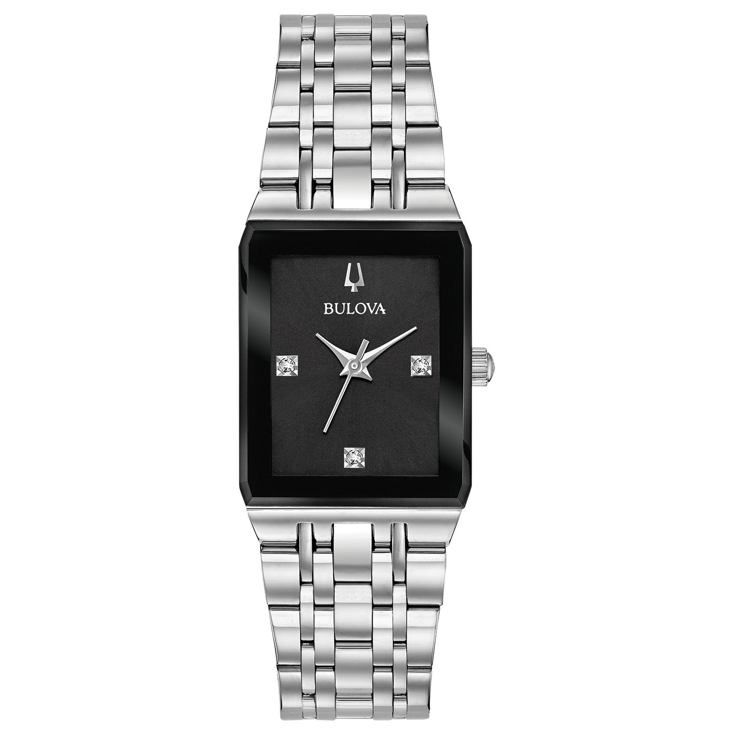 Bulova 96P202 Quadra watch featuring a rectangular silver-tone stainless steel case, black dial with three diamond hour markers, and stainless steel bracelet—front view.