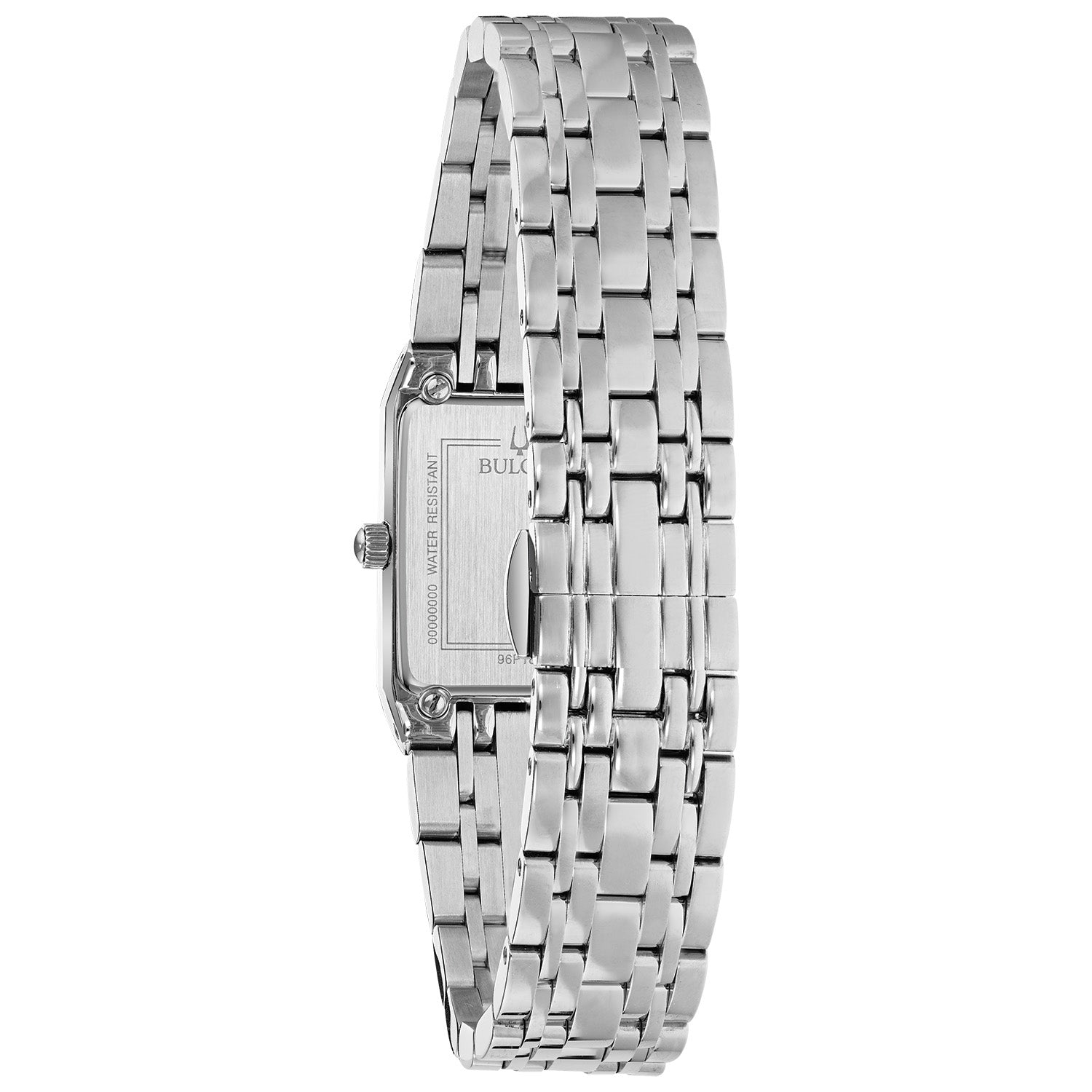 Back view of Bulova 96P202 highlighting the stainless steel case back with engraved details.
