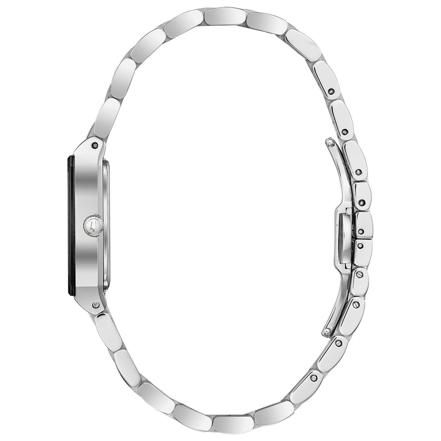 Side profile of Bulova 96P202 showcasing the slim stainless steel case and textured crown.