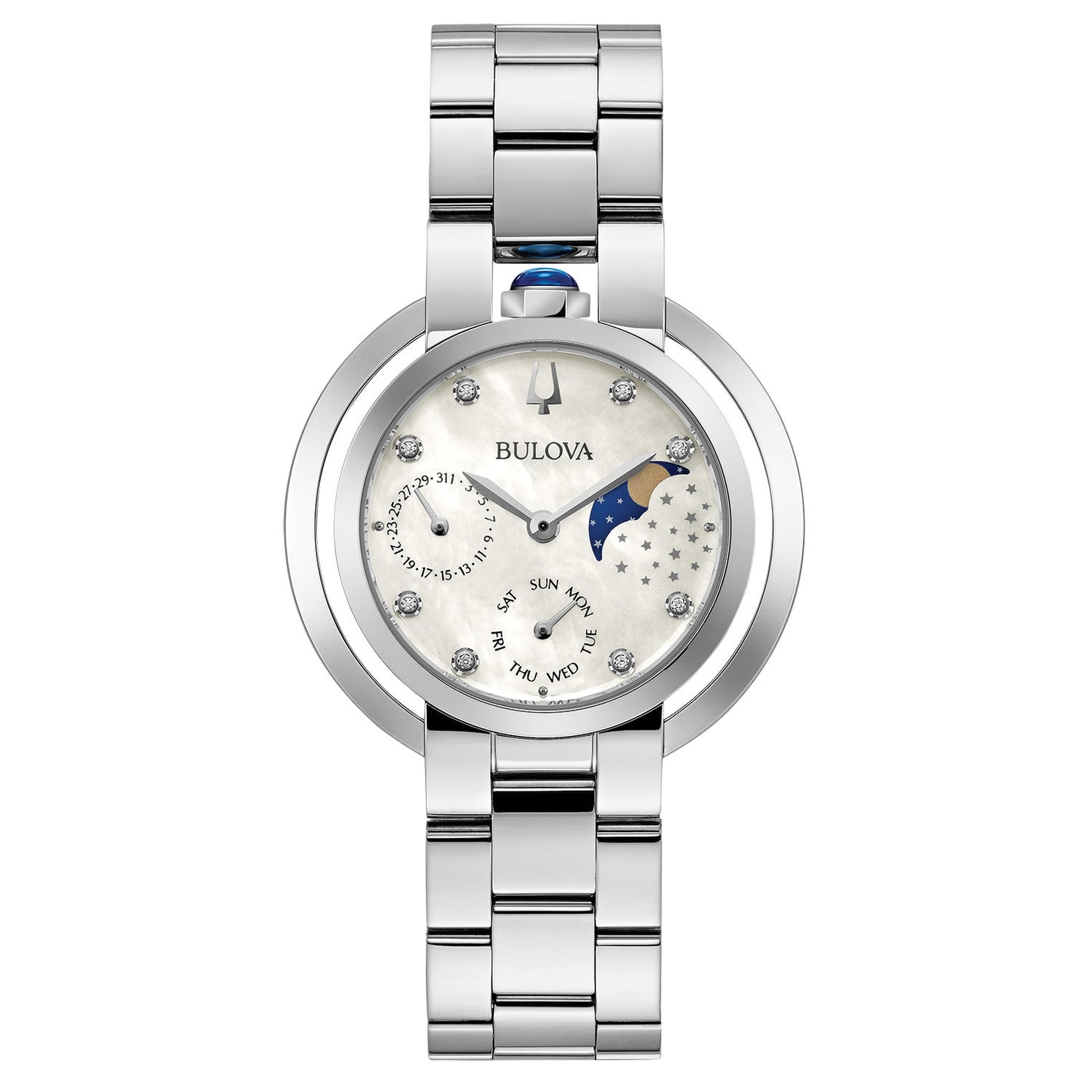 Bulova 96P213 Rubaiyat women's watch featuring a stainless steel case with diamond accents and a white mother-of-pearl dial.