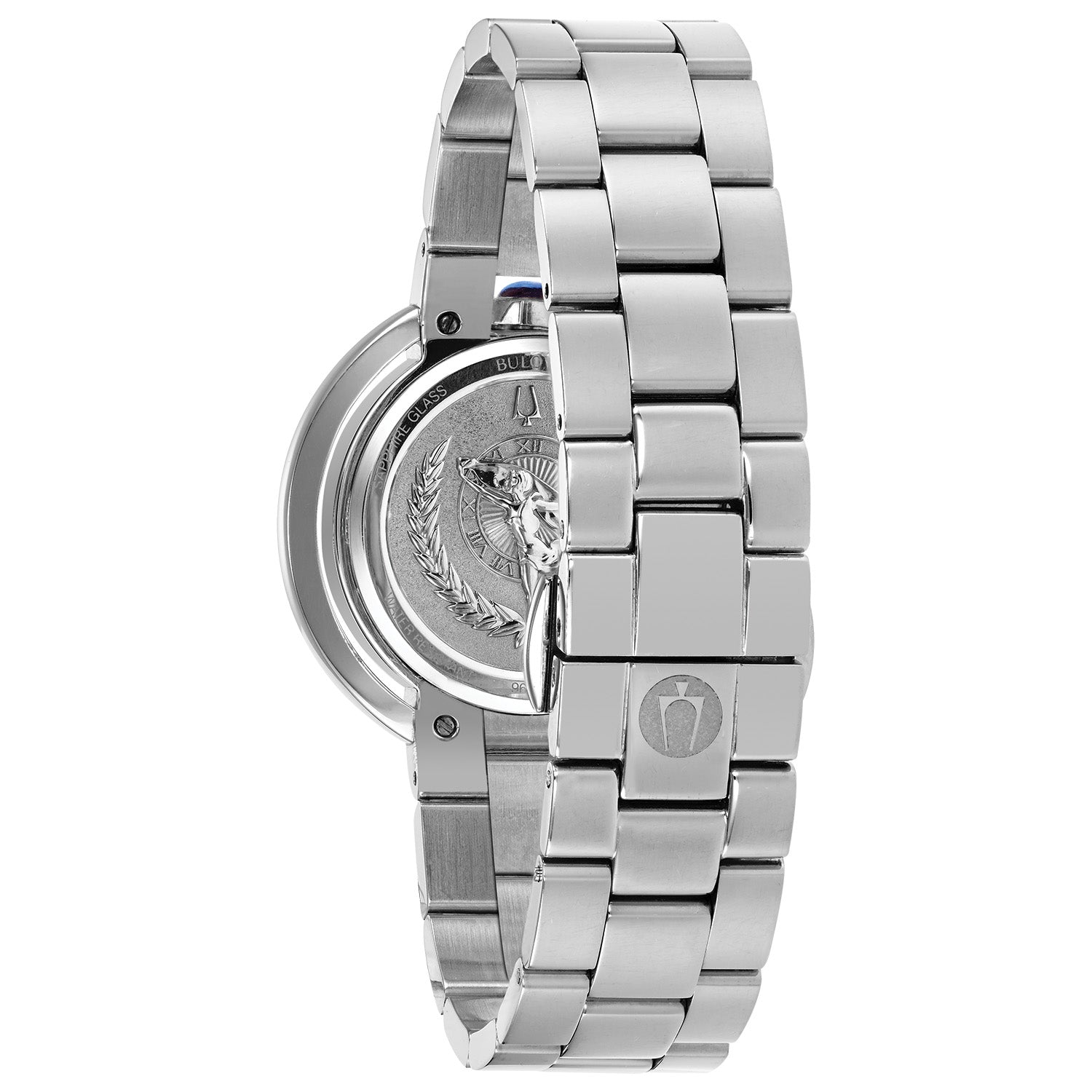 Back view of the Bulova 96P213, showcasing the "Goddess of Time" emblem on the dimensional case back.