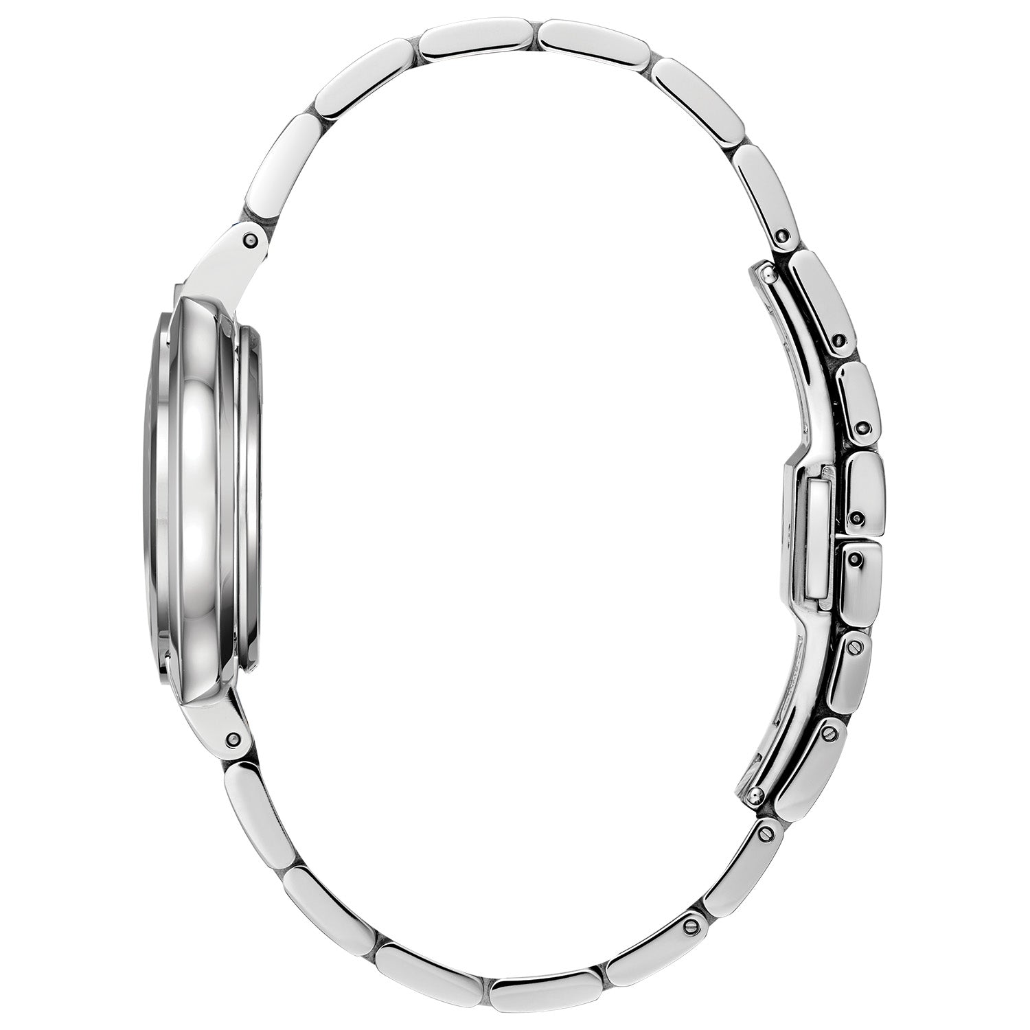 Profile view of the Bulova 96P213, highlighting the synthetic blue spinel cabochon crown and sleek bracelet design.