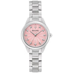 Bulova 96P249 Sutton watch featuring a silver-tone stainless steel case, pastel pink sunray dial with 11 diamond hour markers, and stainless steel bracelet—front view.
