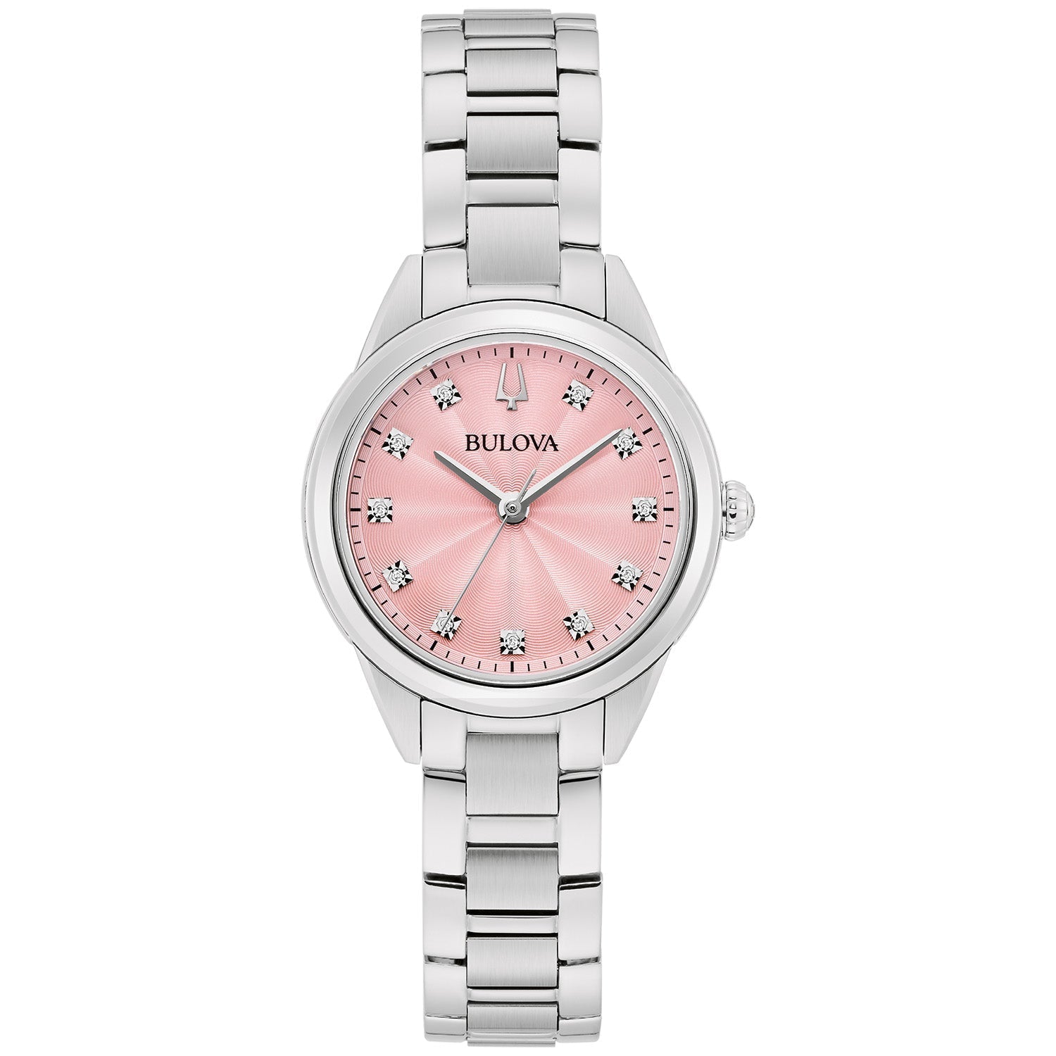 Bulova 96P249 Sutton watch featuring a silver-tone stainless steel case, pastel pink sunray dial with 11 diamond hour markers, and stainless steel bracelet—front view.