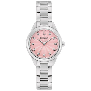Bulova 96P249 Sutton watch featuring a silver-tone stainless steel case, pastel pink sunray dial with 11 diamond hour markers, and stainless steel bracelet—front view.