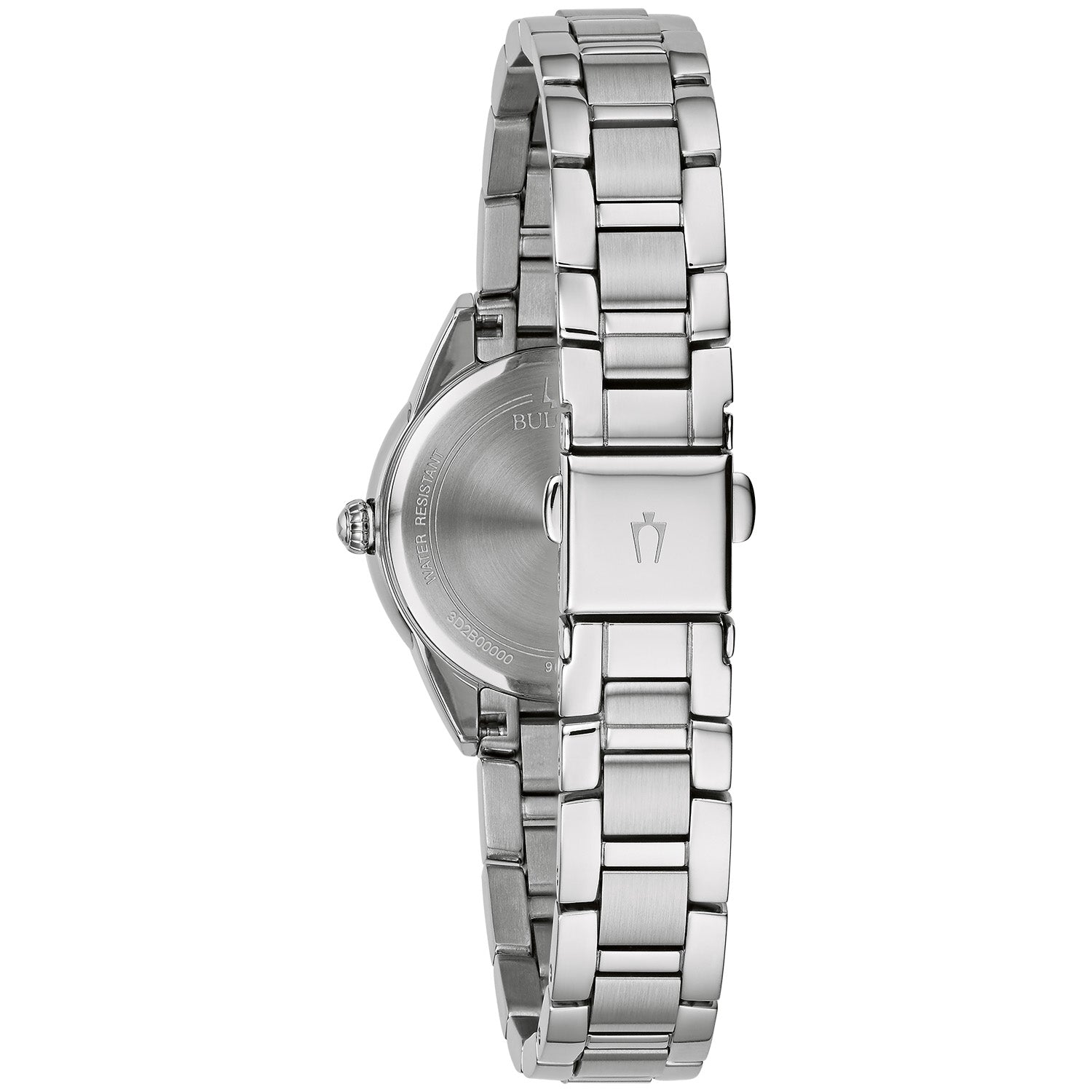 Back view of Bulova 96P249 highlighting the stainless steel case back with engraved details.
