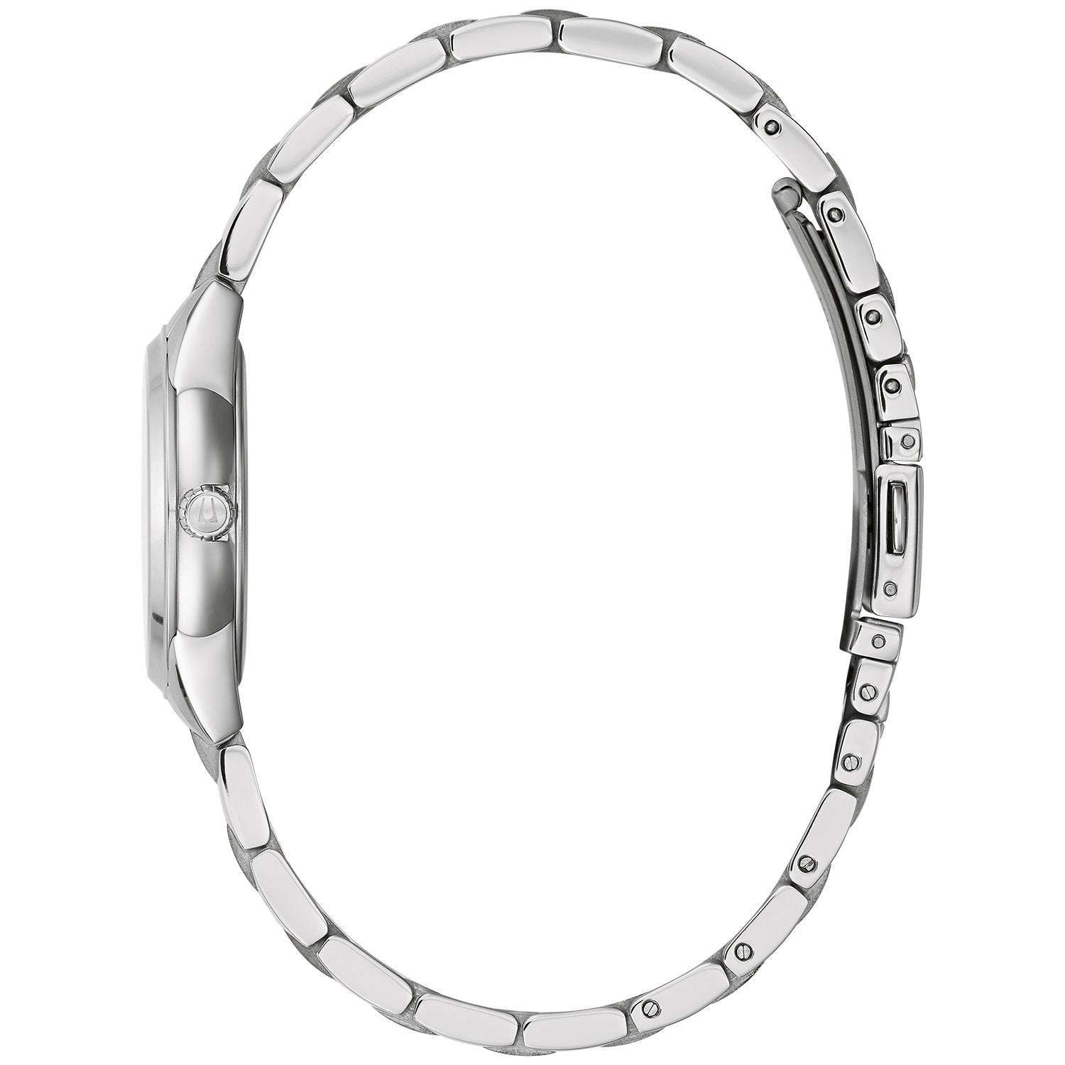 Side profile of Bulova 96P249 showcasing the polished stainless steel case and textured crown.