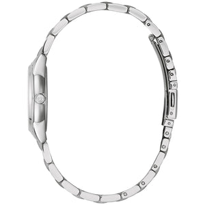 Side profile of Bulova 96P249 showcasing the polished stainless steel case and textured crown.