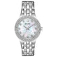 Bulova 96X144 women's watch featuring a silver-tone stainless steel case and bracelet, adorned with shimmering crystals, and a white mother-of-pearl dial—front view.