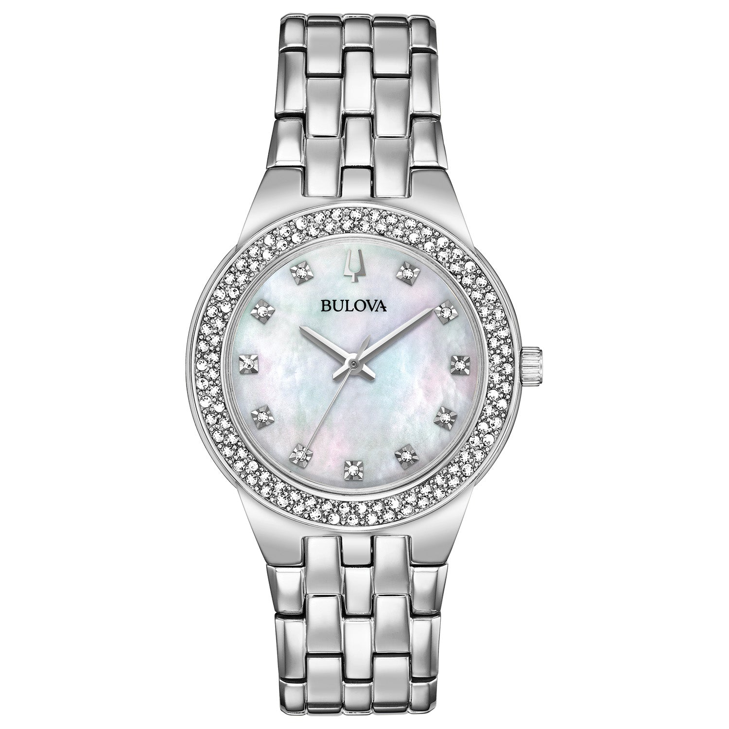 Bulova 96X144 women's watch featuring a silver-tone stainless steel case and bracelet, adorned with shimmering crystals, and a white mother-of-pearl dial—front view.