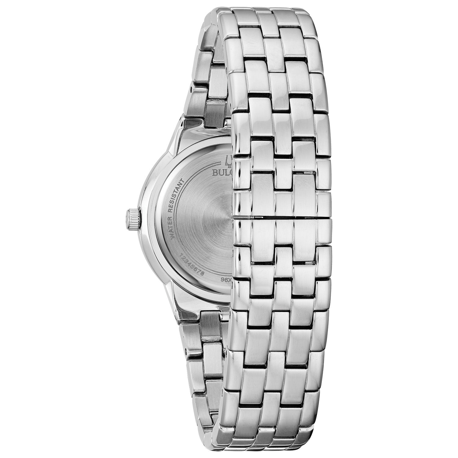 Rear view of the Bulova 96X144, showcasing the stainless steel case back and bracelet clasp.