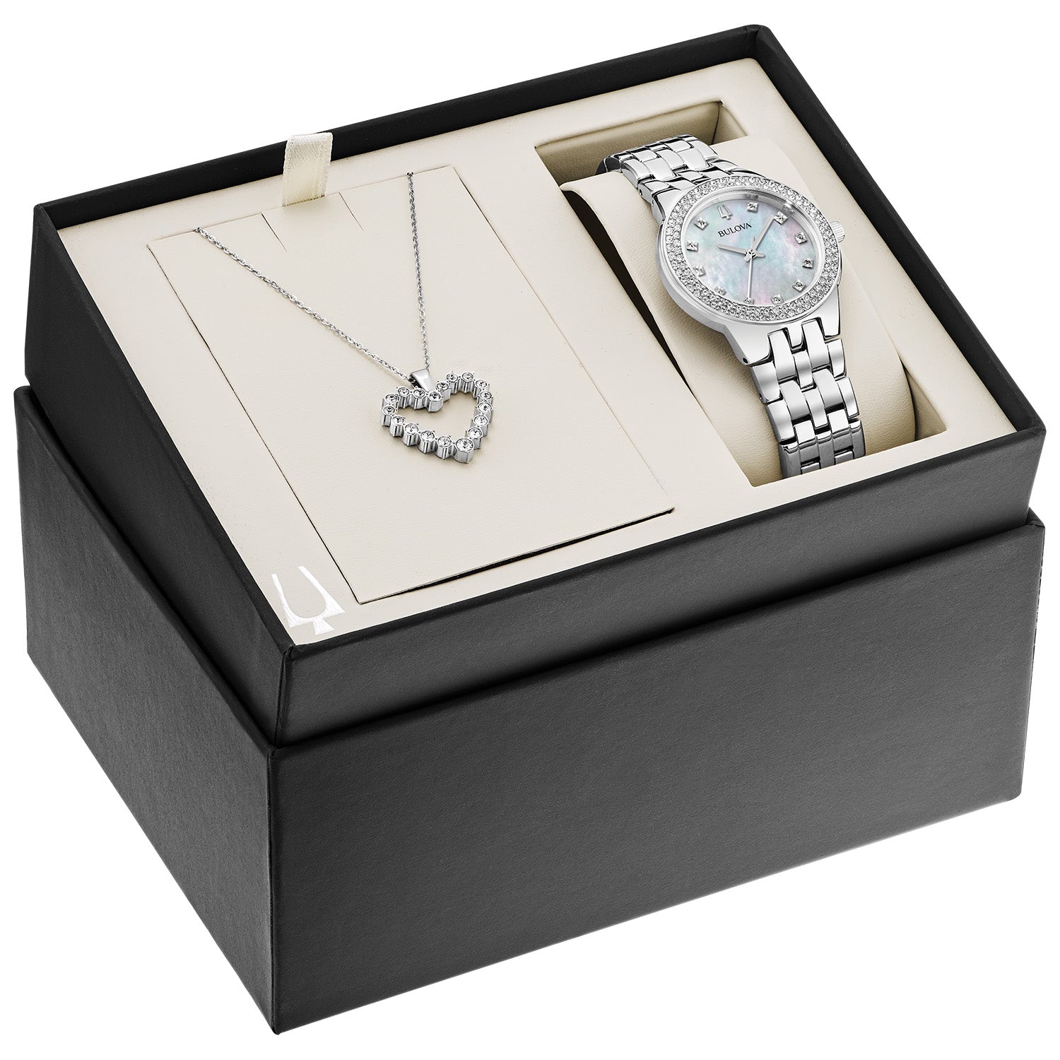 Bulova 96X144 gift set packaging displaying the watch and heart pendant necklace together in an elegant box.