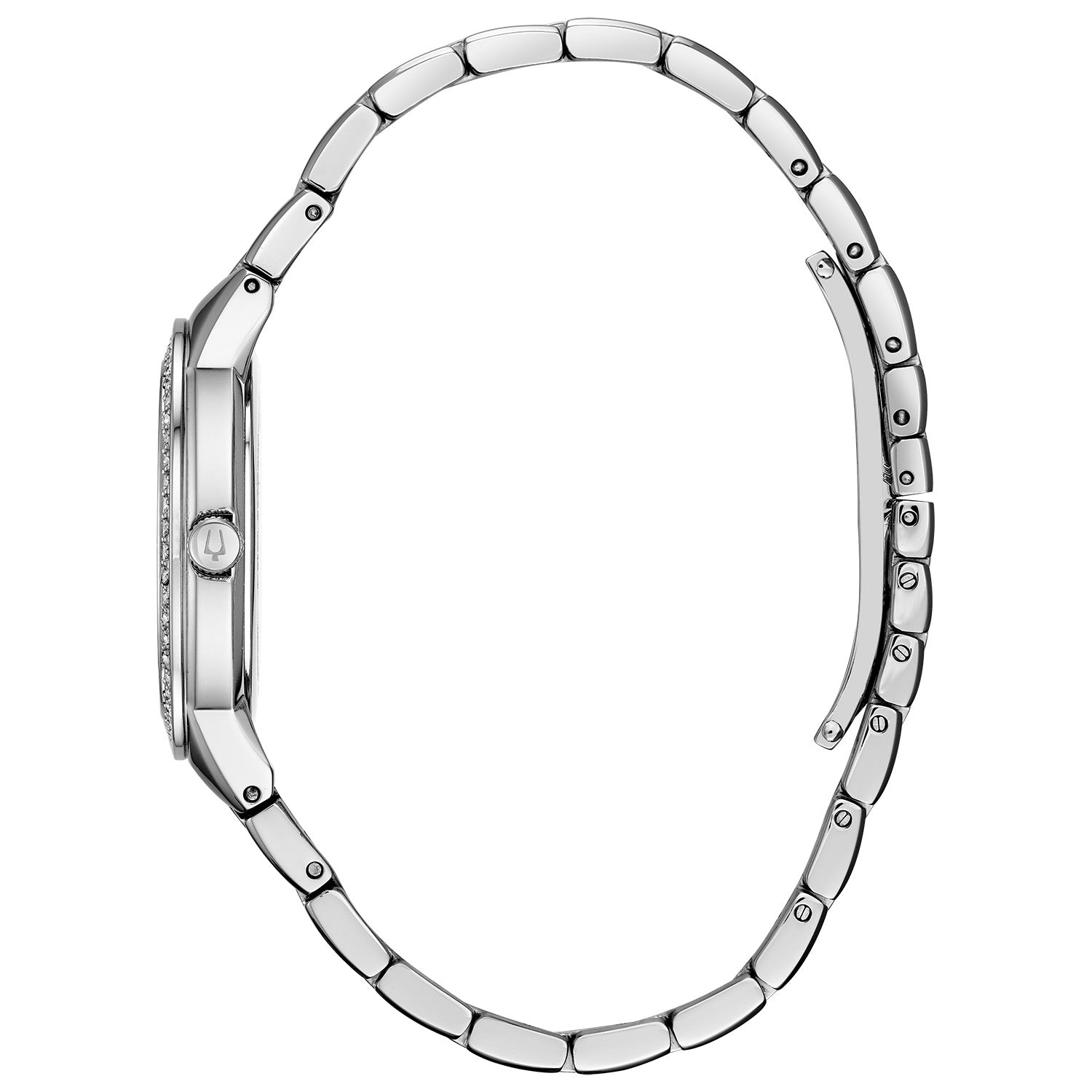 Profile view of the Bulova 96X144, highlighting the crystal-accented bezel and sleek stainless steel bracelet.