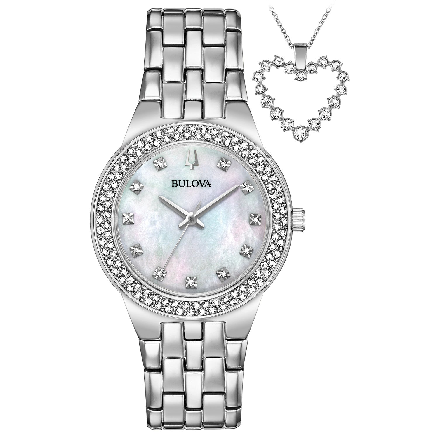 Bulova 96X144 women's watch featuring a silver-tone stainless steel case and bracelet, adorned with shimmering crystals, and a white mother-of-pearl dial—front view.