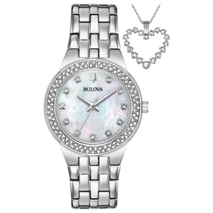 Bulova 96X144 women's watch featuring a silver-tone stainless steel case and bracelet, adorned with shimmering crystals, and a white mother-of-pearl dial—front view.
