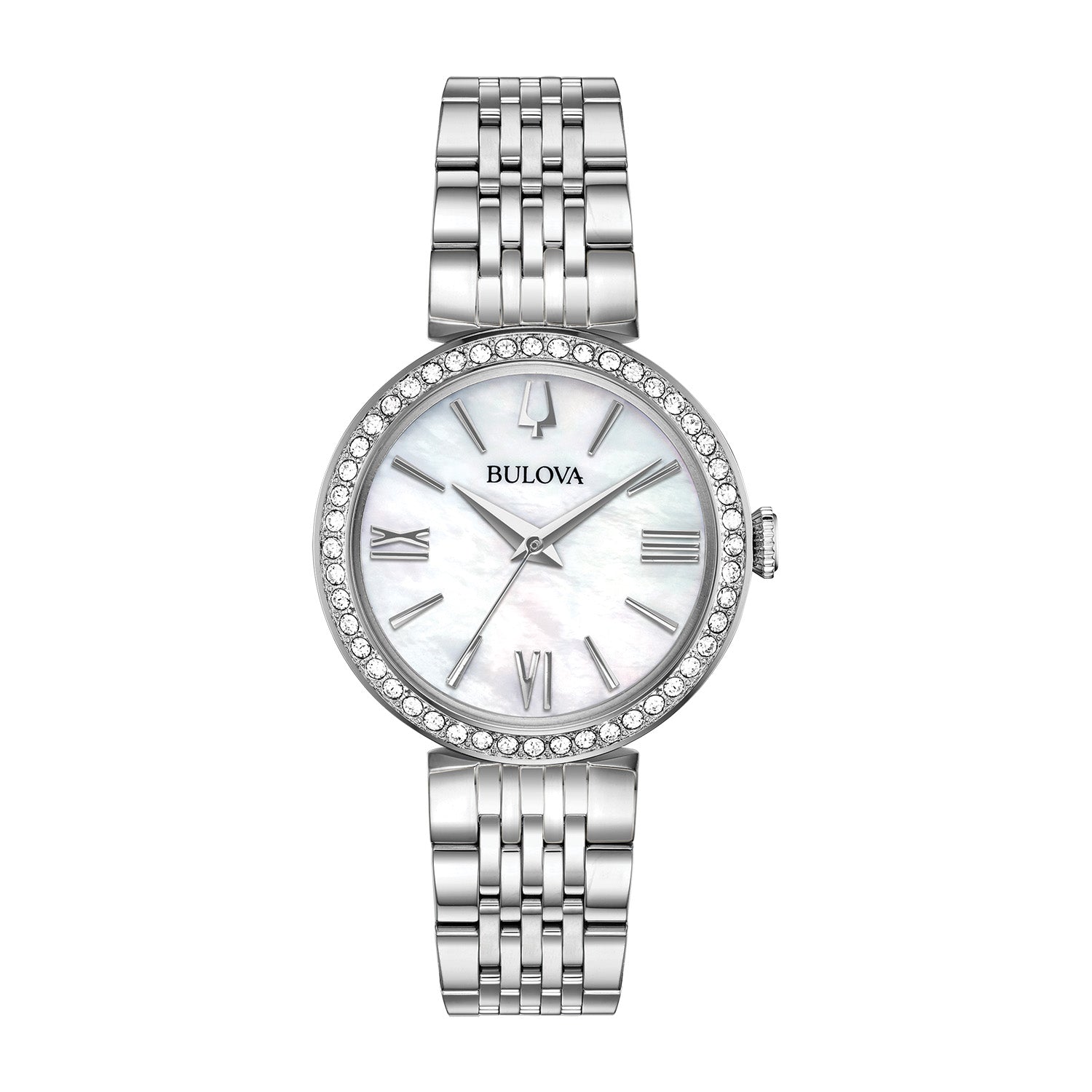 Bulova 96X153 watch featuring a 30mm stainless steel case with crystal accents, mother-of-pearl dial, and matching stainless steel bracelet—front view.