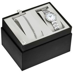 Bulova 96X153 presented in its signature box, complete with the matching crystal-accented tennis bracelet and user manual.