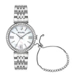  Bulova 96X153 watch featuring a 30mm stainless steel case with crystal accents, mother-of-pearl dial, and matching stainless steel bracelet—front view.