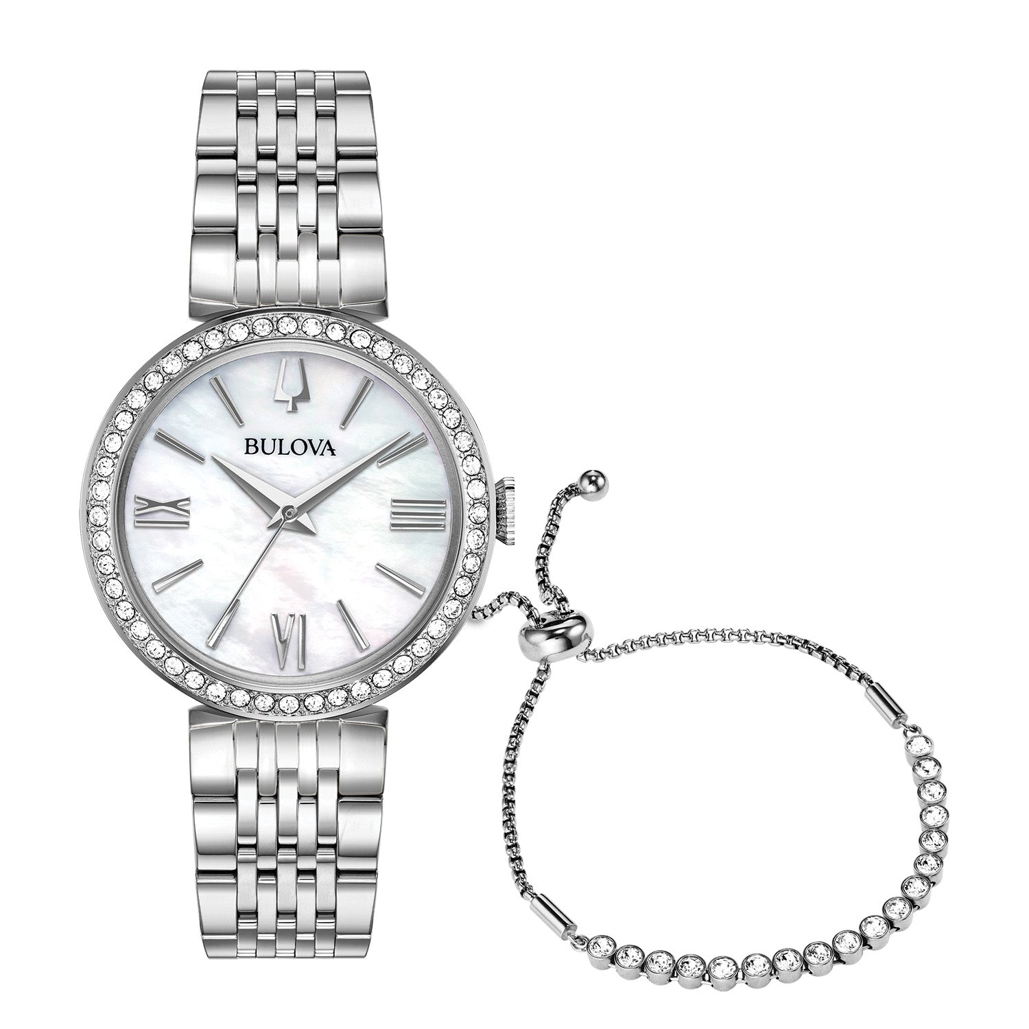  Bulova 96X153 watch featuring a 30mm stainless steel case with crystal accents, mother-of-pearl dial, and matching stainless steel bracelet—front view.