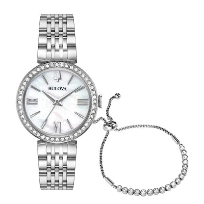  Bulova 96X153 watch featuring a 30mm stainless steel case with crystal accents, mother-of-pearl dial, and matching stainless steel bracelet—front view.