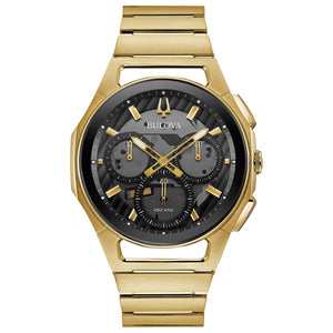 Bulova 97A144 Men's CURV Chronograph watch featuring a gold-tone stainless steel case and black and transparent smoked gray dial with gold-tone accents—front view.