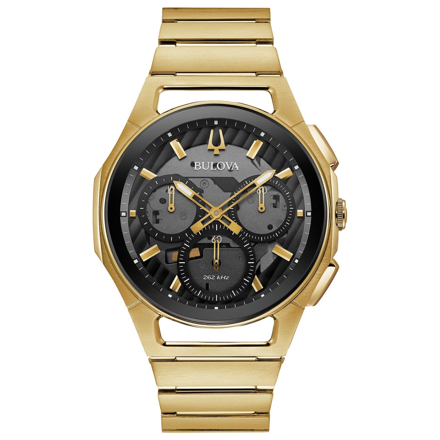 Bulova 97A144 Men's CURV Chronograph watch featuring a gold-tone stainless steel case and black and transparent smoked gray dial with gold-tone accents—front view.