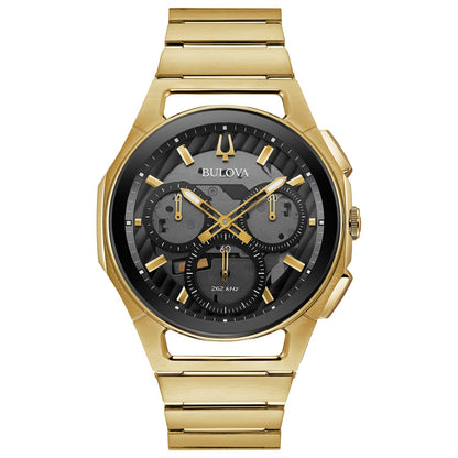 Bulova 97A144 Men's CURV Chronograph watch featuring a gold-tone stainless steel case and black and transparent smoked gray dial with gold-tone accents—front view.