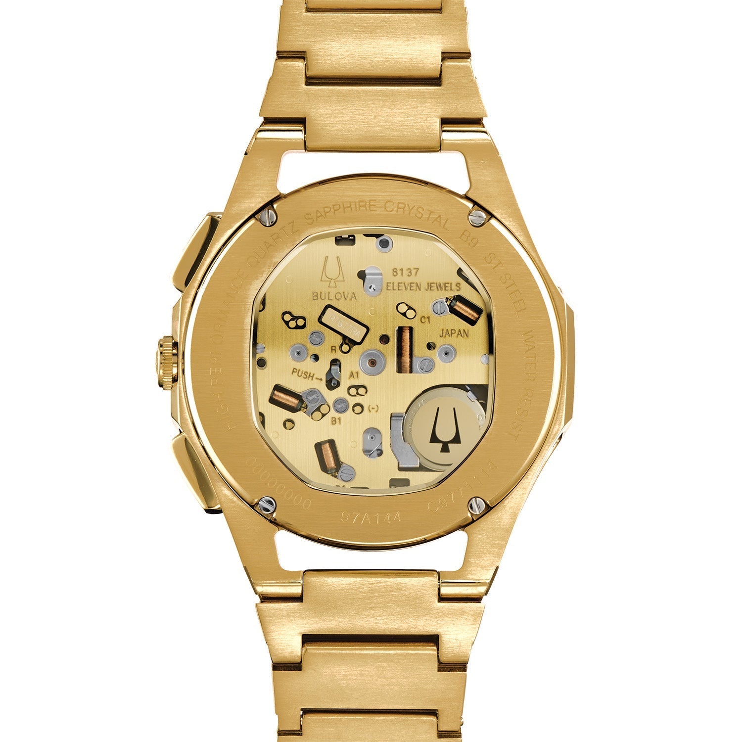 Back view of Bulova 97A144, highlighting the exhibition case back revealing the intricate movement.