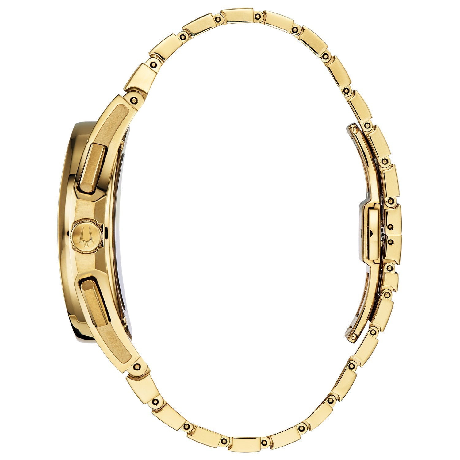 Side profile of Bulova 97A144, showcasing the curved case design and gold-tone stainless steel bracelet.