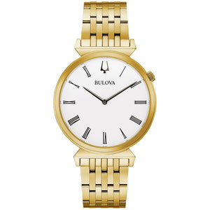 All Bulova WatcFront view of the Bulova Regatta 97A153 showcasing its gold-tone stainless steel case and white dial with Roman numerals.hes