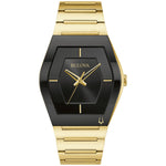 Front view of the Bulova 97A164 showcasing its asymmetrical tonneau-shaped gold-tone case, black dial with gold-tone accents, and gold-tone stainless steel bracelet.