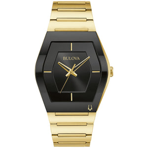 Front view of the Bulova 97A164 showcasing its asymmetrical tonneau-shaped gold-tone case, black dial with gold-tone accents, and gold-tone stainless steel bracelet.