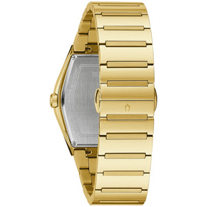  Back view of the Bulova 97A164 displaying the stainless steel case back and the continuation of the gold-tone bracelet.